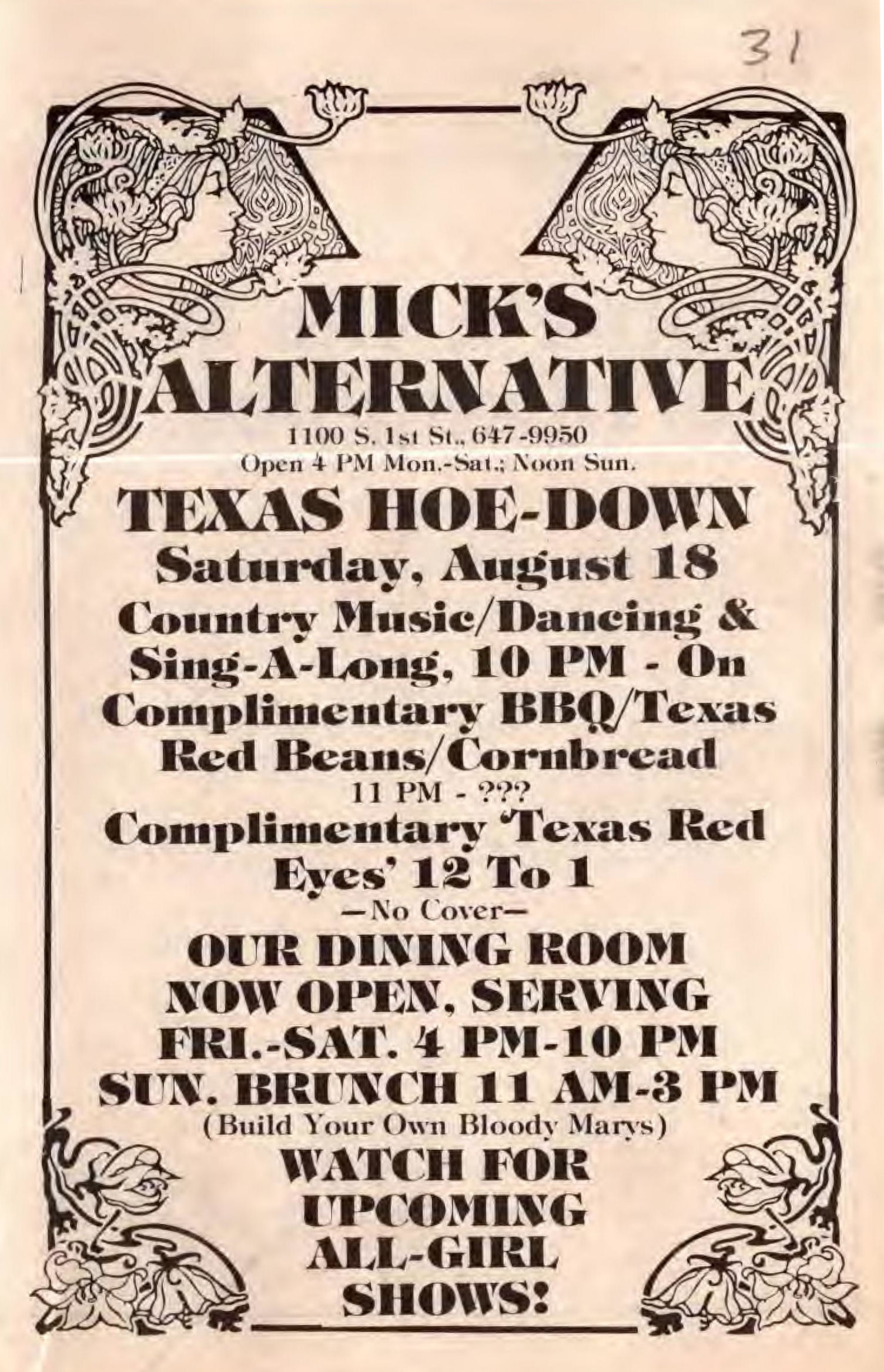 Advertisement after the bar was renamed Mick's Alternative, 1990.
