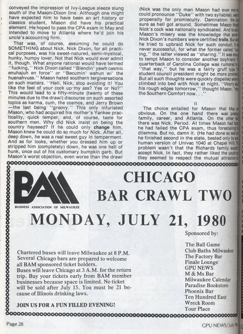 BAM (Business Assoc. of Milw) / Bar Crawl to Madison, August 1980 / Zoom in on photo of: / Wayne Bernhagen & lover Mac / Chuck Balistreri (aka Chuck Cicirello) / (from Milw. Calendar, vol. 3 no. 16) / /