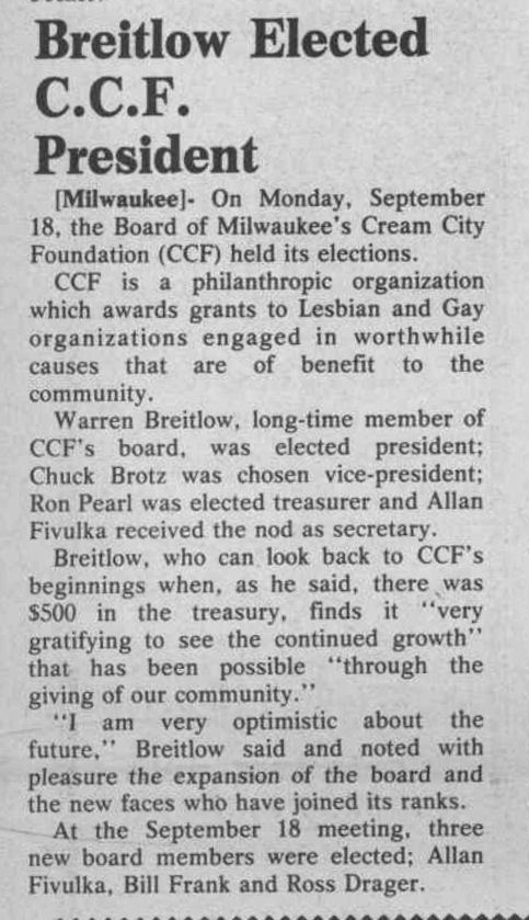 Article: as President of CCF, announces grant to BESTD Clinic / (Wis. Light vol. 6-17, August 1993) / /