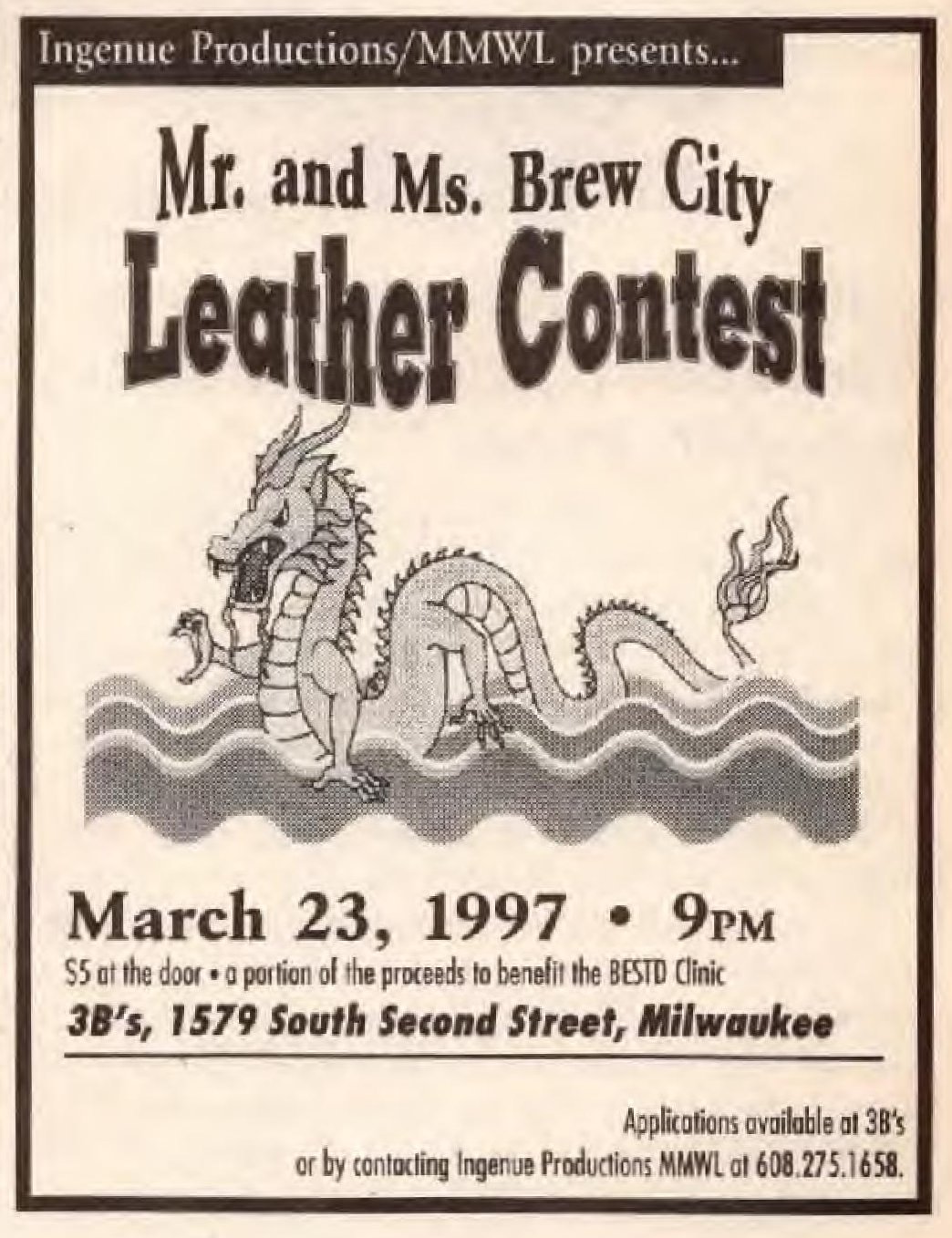 Advertisement for a Mr. & Ms. Brew City Leather contest, 1997.
