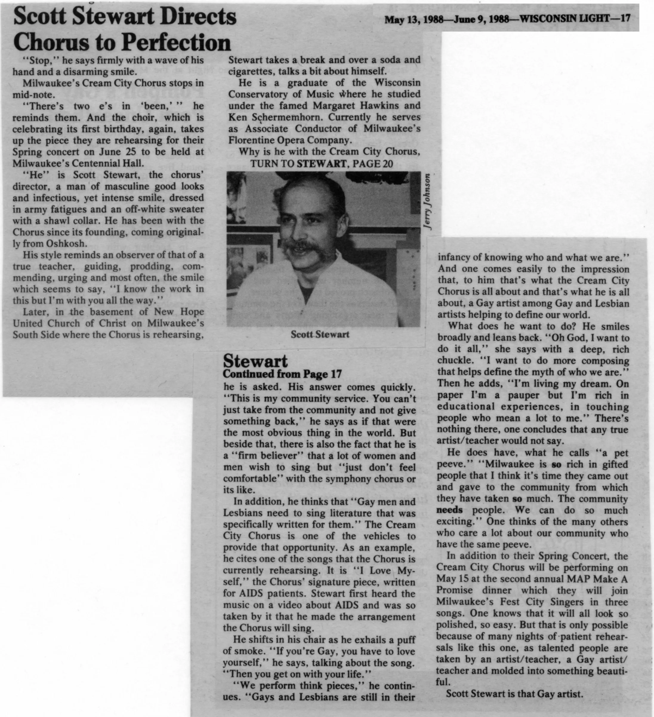 Article, 'Scott Stewart Directs Chorus' / (Wis. Light vol. 1-07, May 1988) /