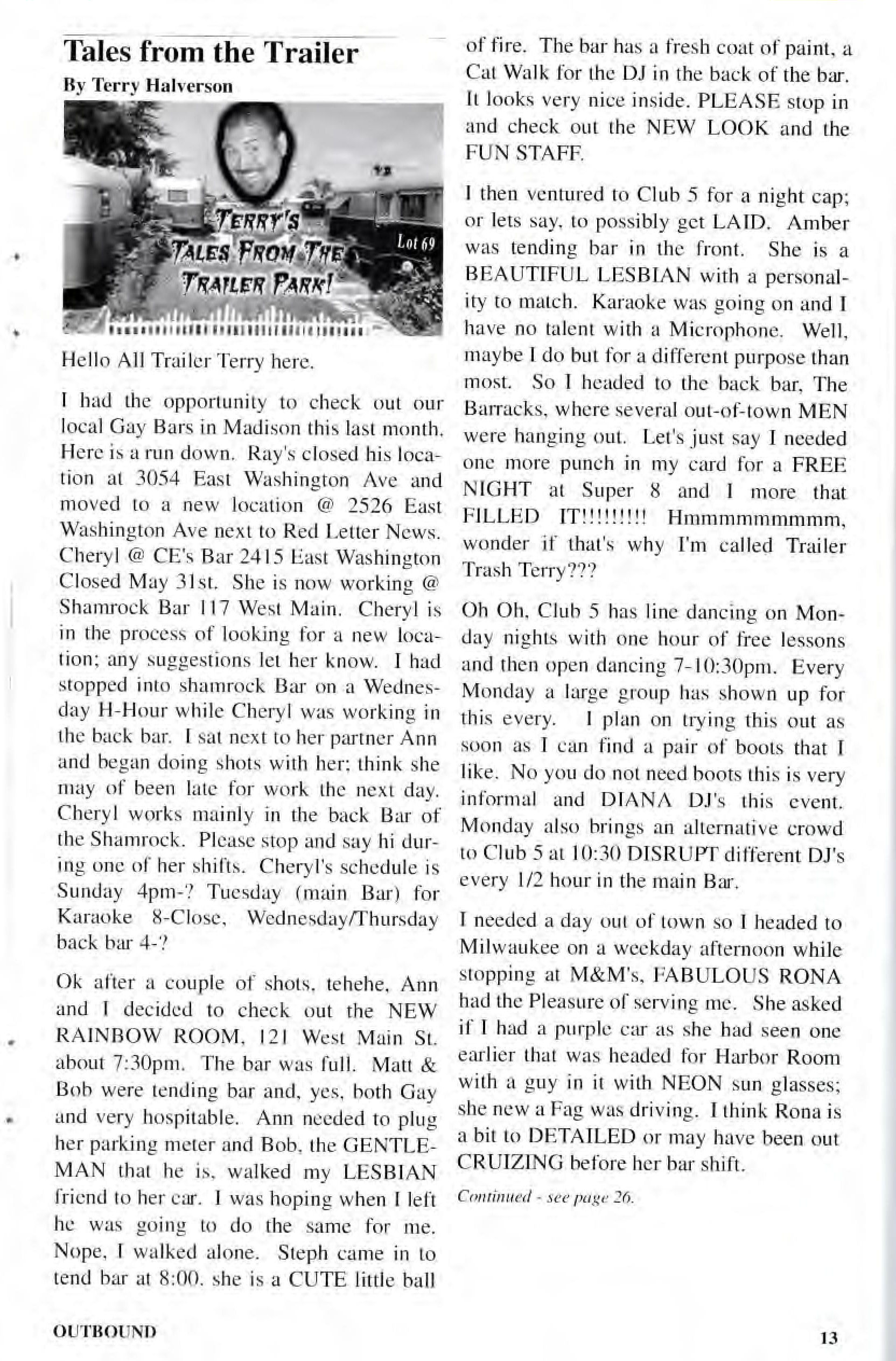 Mention of CE's Bar closing in the "Tales from the Trailer" column, September 2003