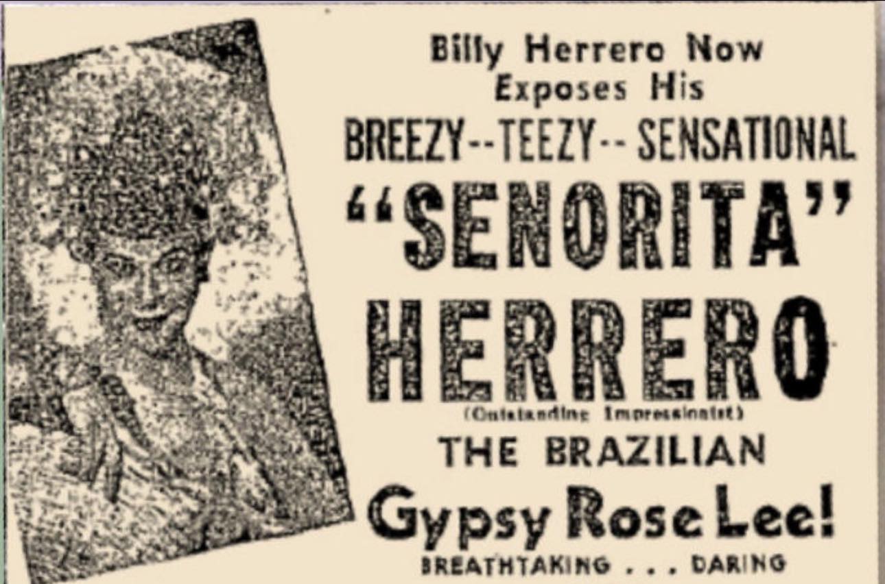 A typical advertisement for performer Billie Herrero.
