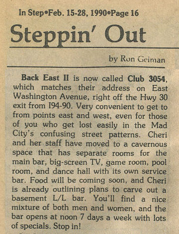 Notice that Back East II was renamed Club 3054, February 1990