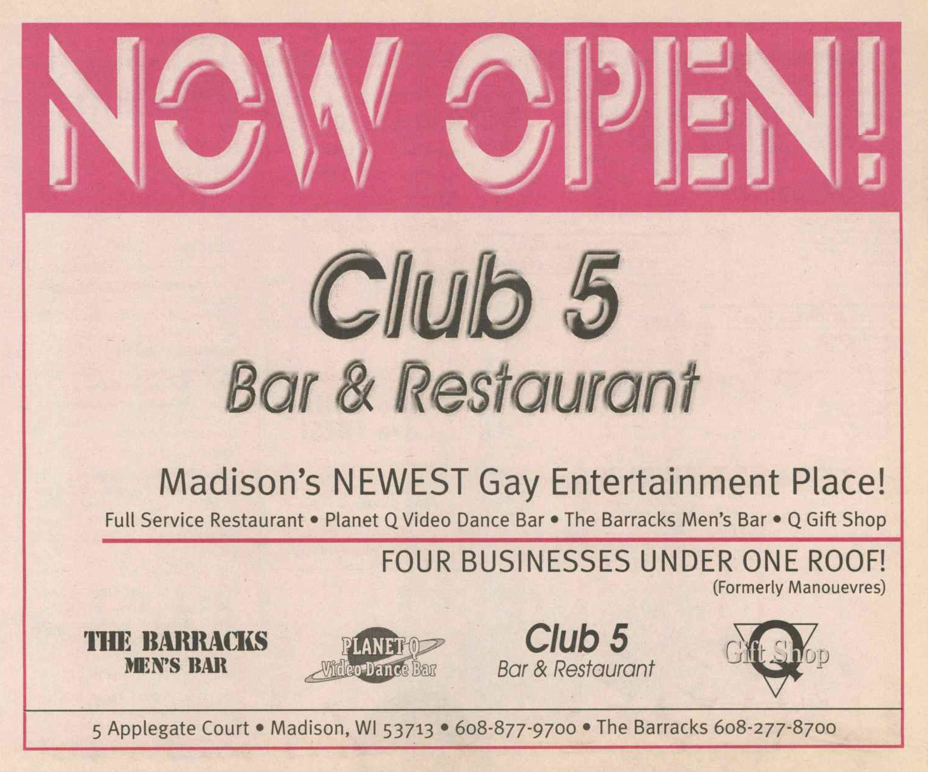 Advertisement announcing the opening of Club 5 Bar & Restaurant, September 1998