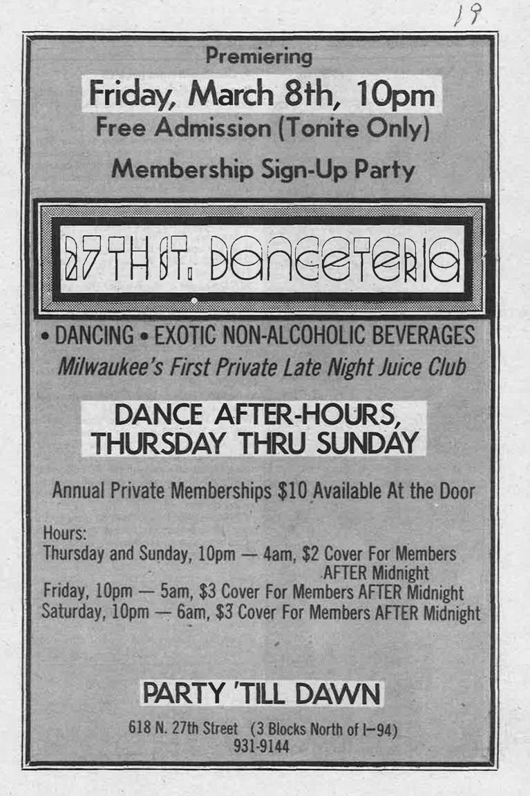 Advertisement promoting the late-night juice club, March 1985.
