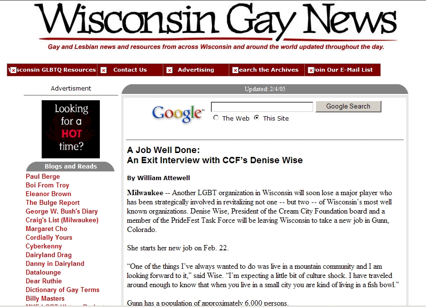 Exit Interview from WisconsinGayNews, Feb. 2005