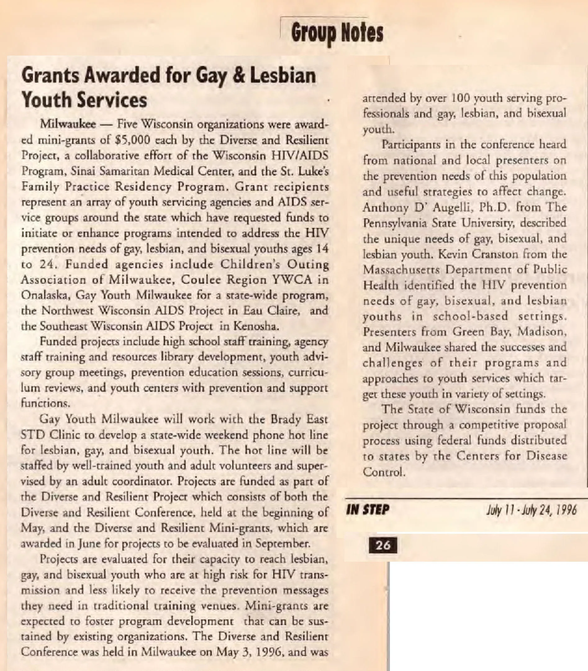 Diverse & Resilient Project awards mini-grants to five organizations / (In Step vol. 13-13, July 1996) / /