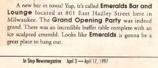 Advertisement for Emeralds Bar & Lounge, April 1997.