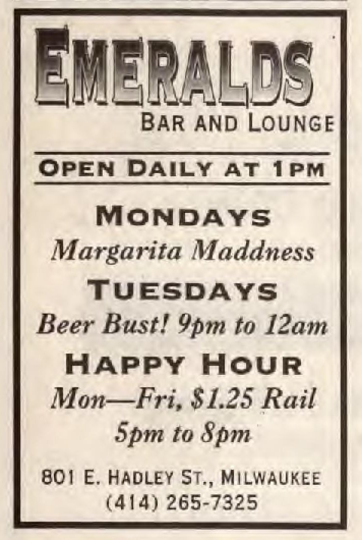 Advertisement for Emeralds Bar & Lounge, May 1997.