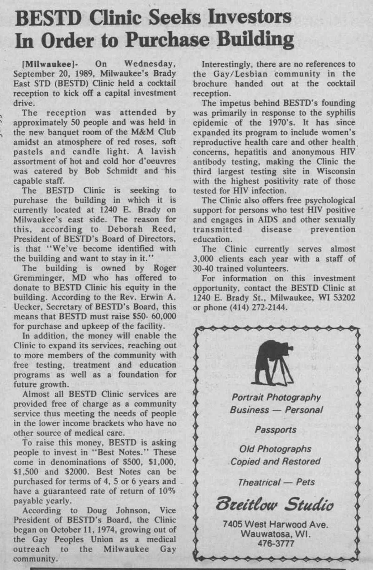 Article: Clinic seeks volunteers / (ctr left: Erv Uecker referred to as Secretary of Board) / (Wis. Light vol. 2-19, Sept. 1989) / /