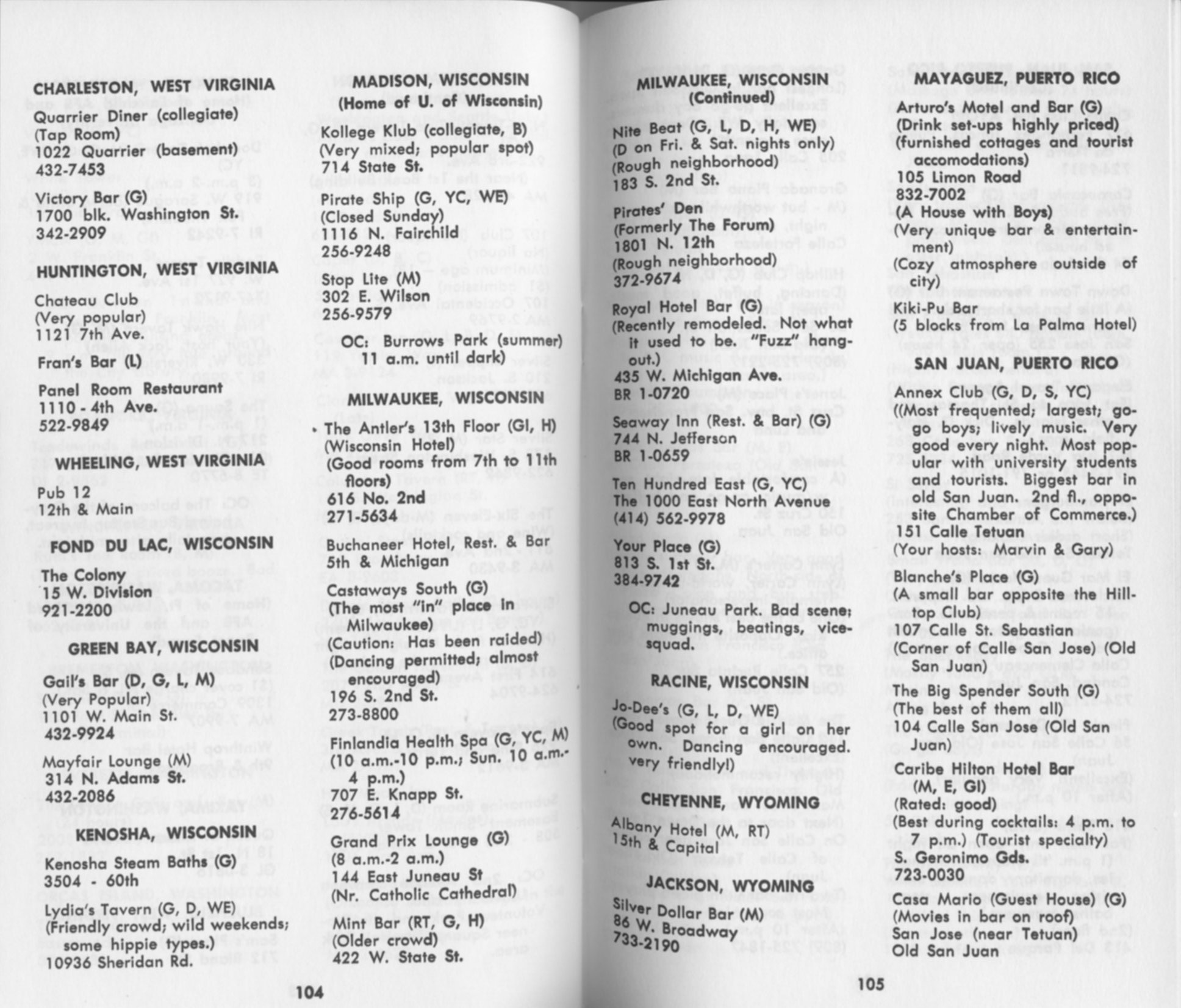 Listing in / 1971 Bob Damron's Address Book / Title pg Codes /