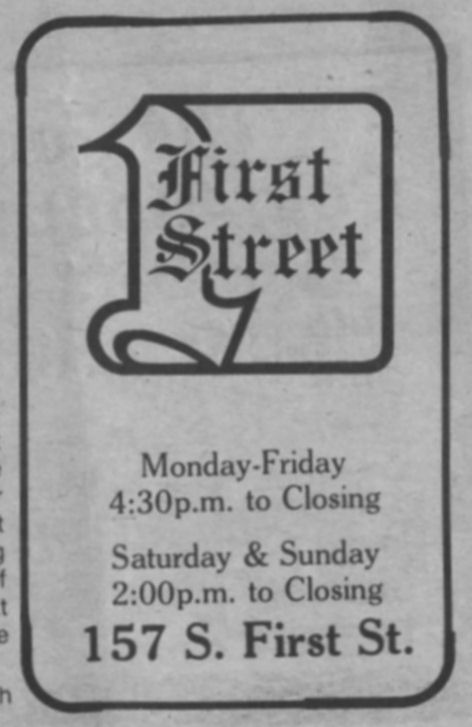 Advertisement for First Street Tavern, January 1982.