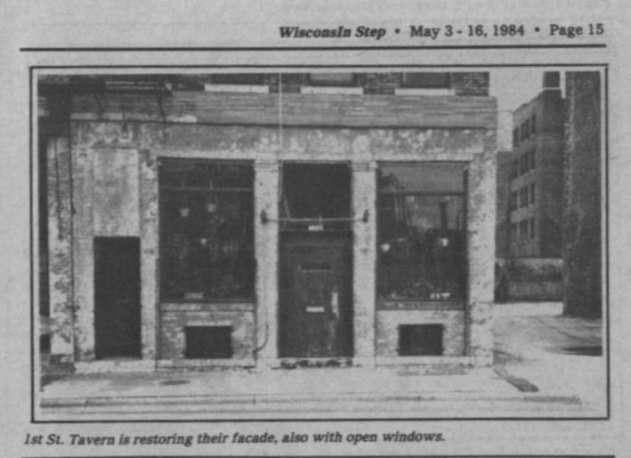 The tavern's facade renovation, including uncovered windows, 1984.