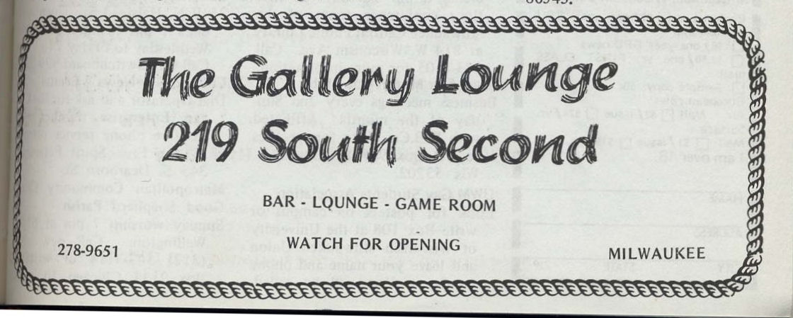 Early advertisement announcing the Gallery Lounge's opening, September 1974.
