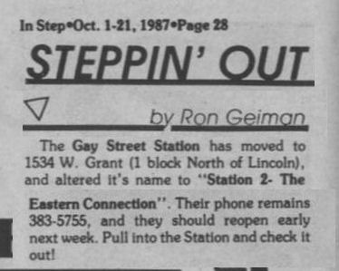 Column noting the bar's move and rename to Station 2, October 1987.