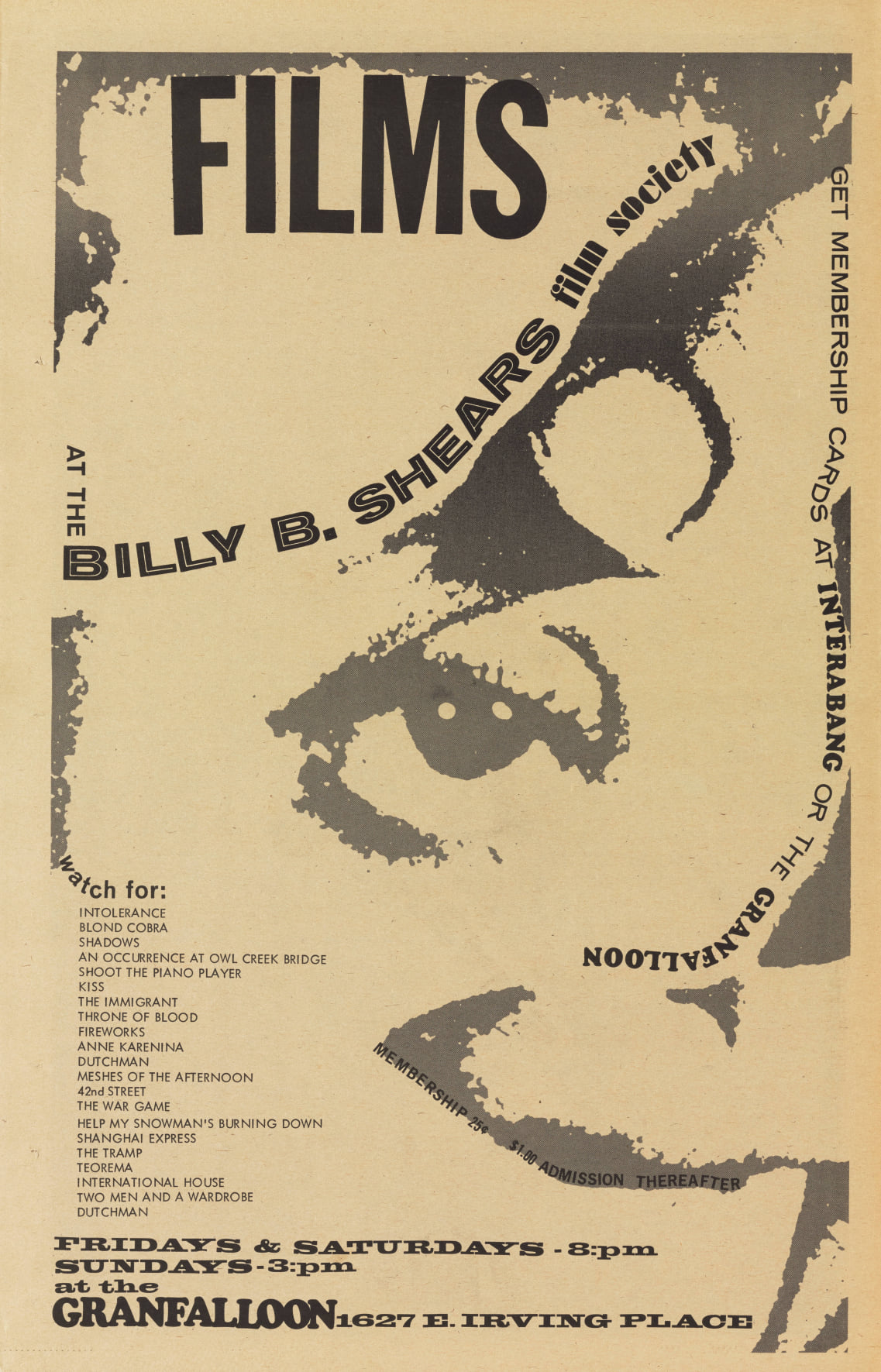 Advertisement for films shown by / Billy B. Shears Film Society at Granfalloon / (date unknown)