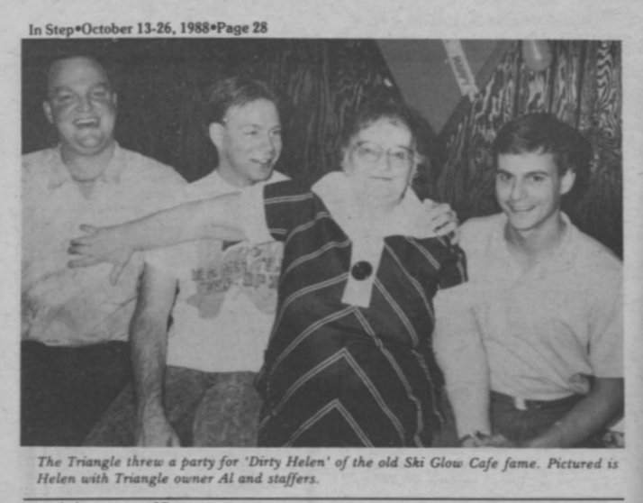 Triangle holds a party for Dirty Helen / some time after the restaurant is gone, Oct. 1988. / This is the only known photo of 'Dirty Helen'. / (In Step vol 5-18, Oct. 1988) /