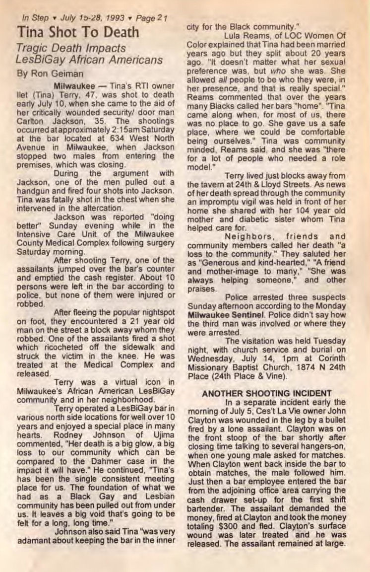 Terry laid to rest, suspects charged / (In Step v10-15, July-Aug. 1993)