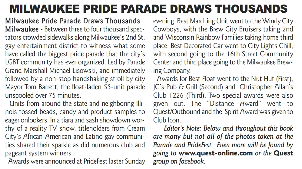 Notice of JC's second-place finish for its 2009 Pride Parade float.