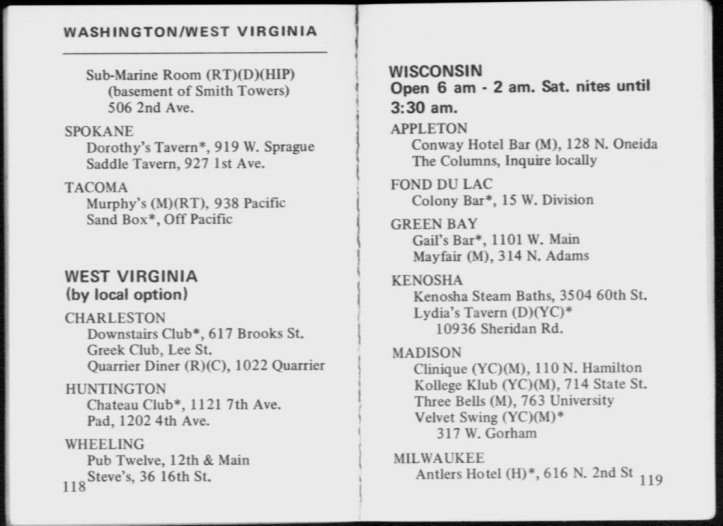 Listing in / 1971 Bob Damron's Address Book / Title pg Codes /