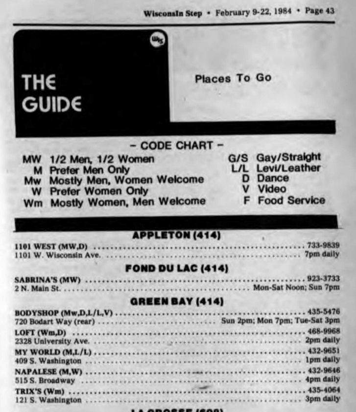 Listing in first Bar Guide of In Step magazine / (In Step vol. 1-01, Feb. 1984) / /