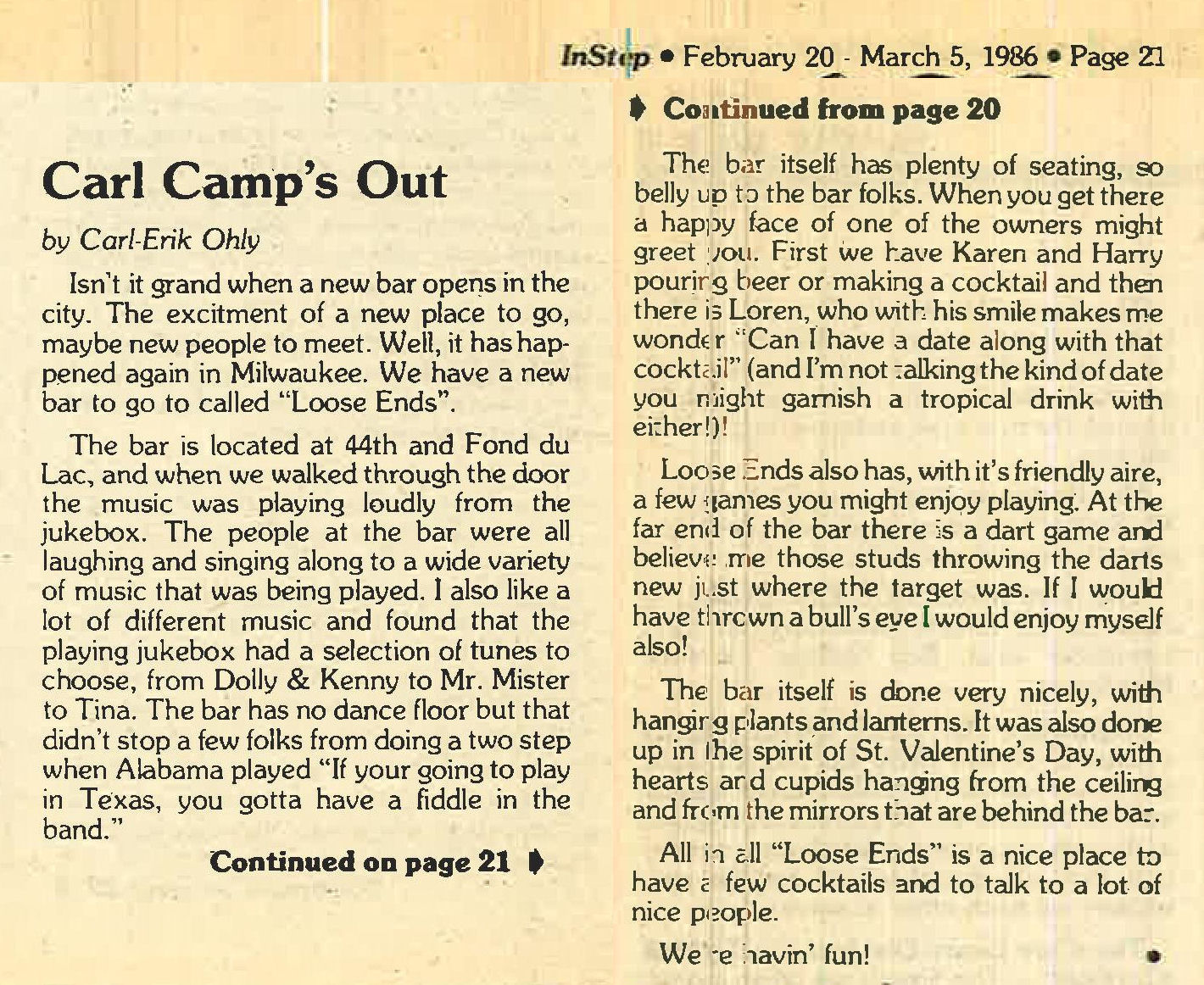 A column describing the newly opened Loose Ends, February 1986.