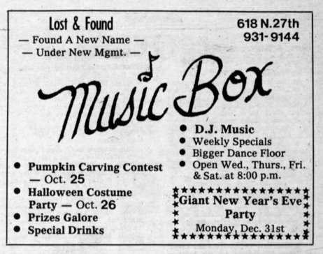 Announcement of the bar's reopening as the Music Box, 1984.