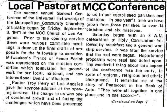 Article, Local Pastor Paul at second annual national conference of the / Universal Fellowship of the Metropolitan Community Churches in L.A. / (GPU News, October 1971) / /