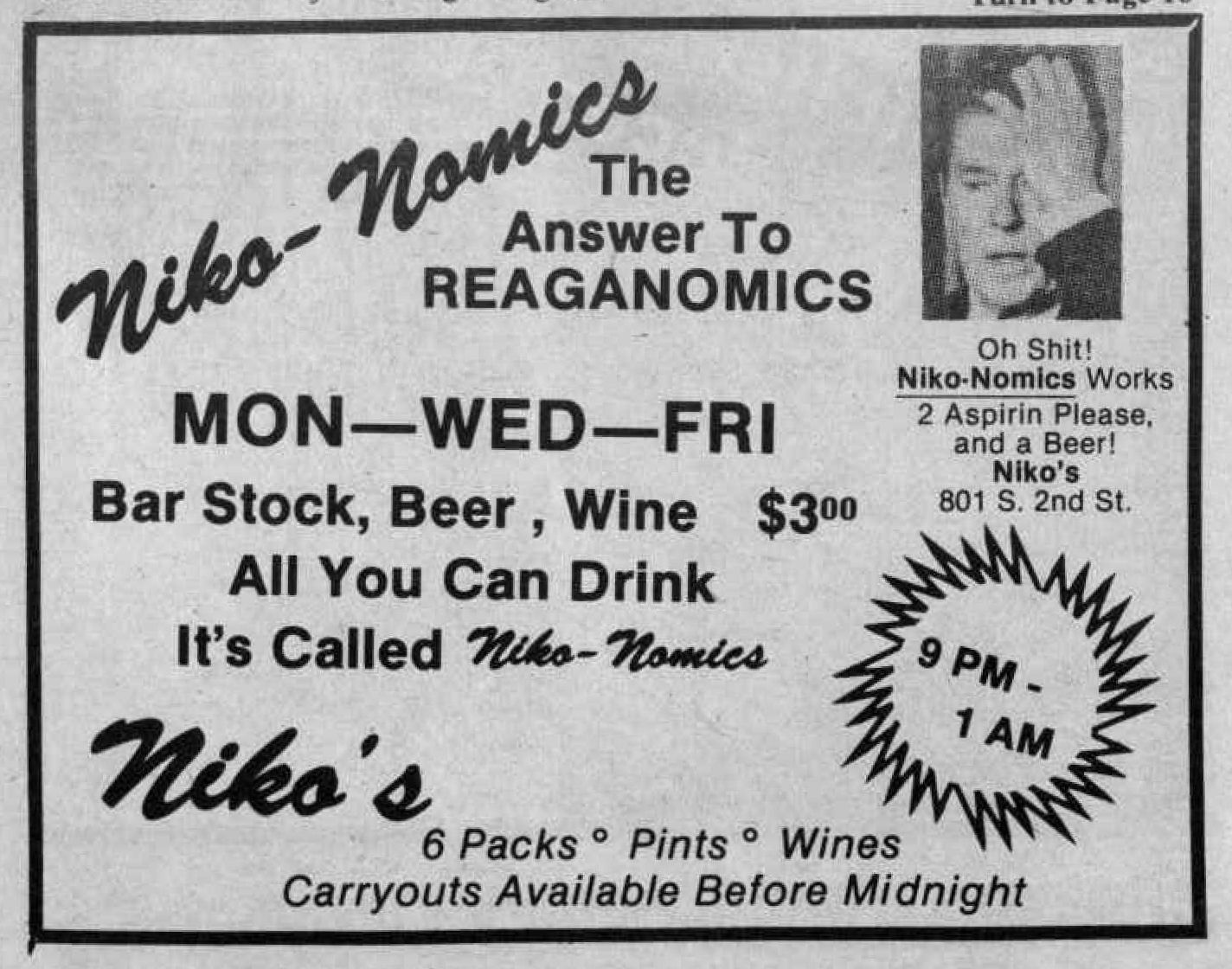 "Niko-Nomics" advertisement, July 1982.
