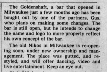 Column noting the opening of La Cage in the former Niko's space, 1984.