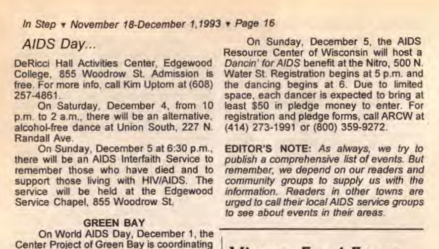 Article on the 'Dancin' for AIDS' benefit, December 1993.