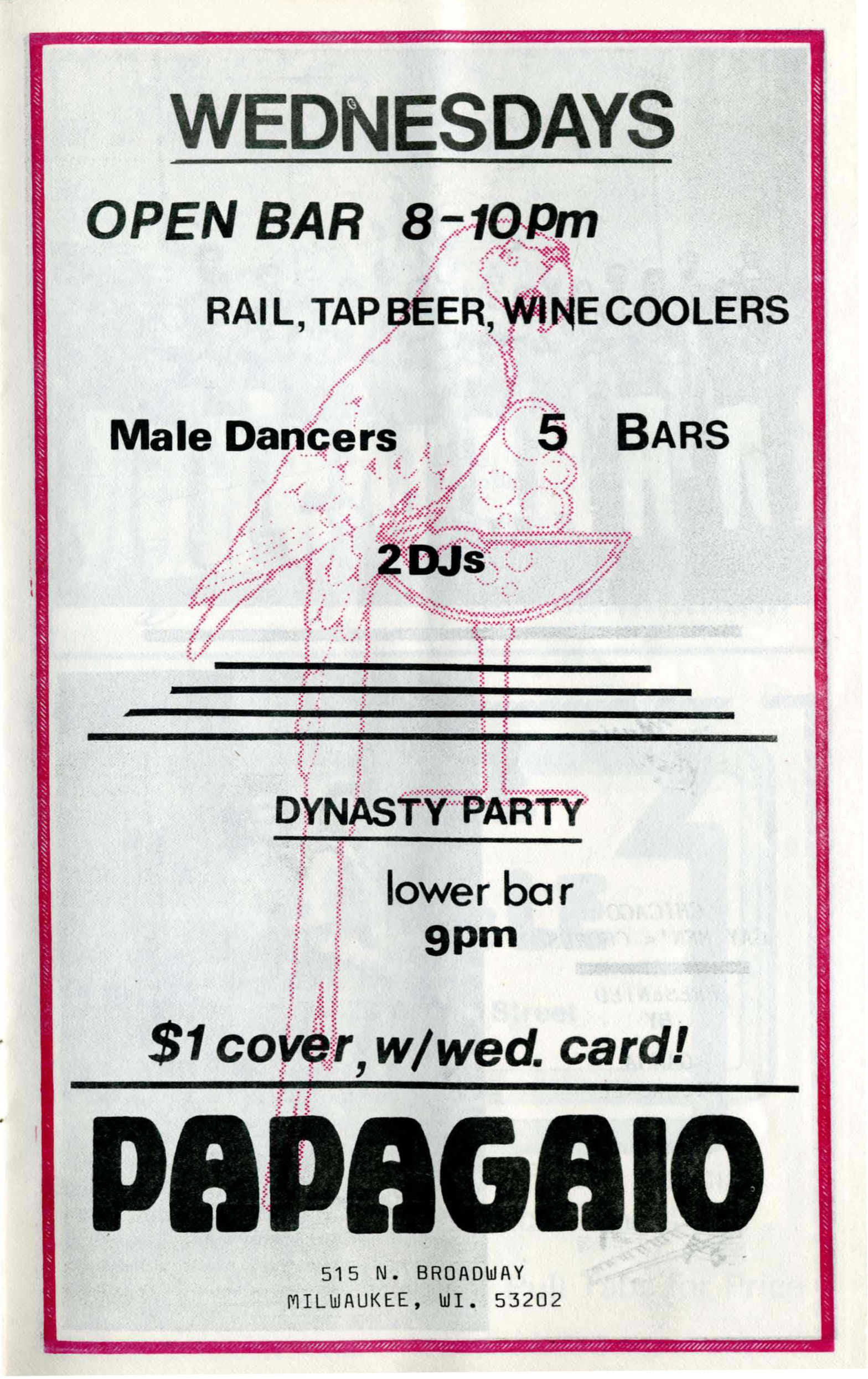 Advertisement for Papagaio noting its Wednesday gay night card, 1983.
