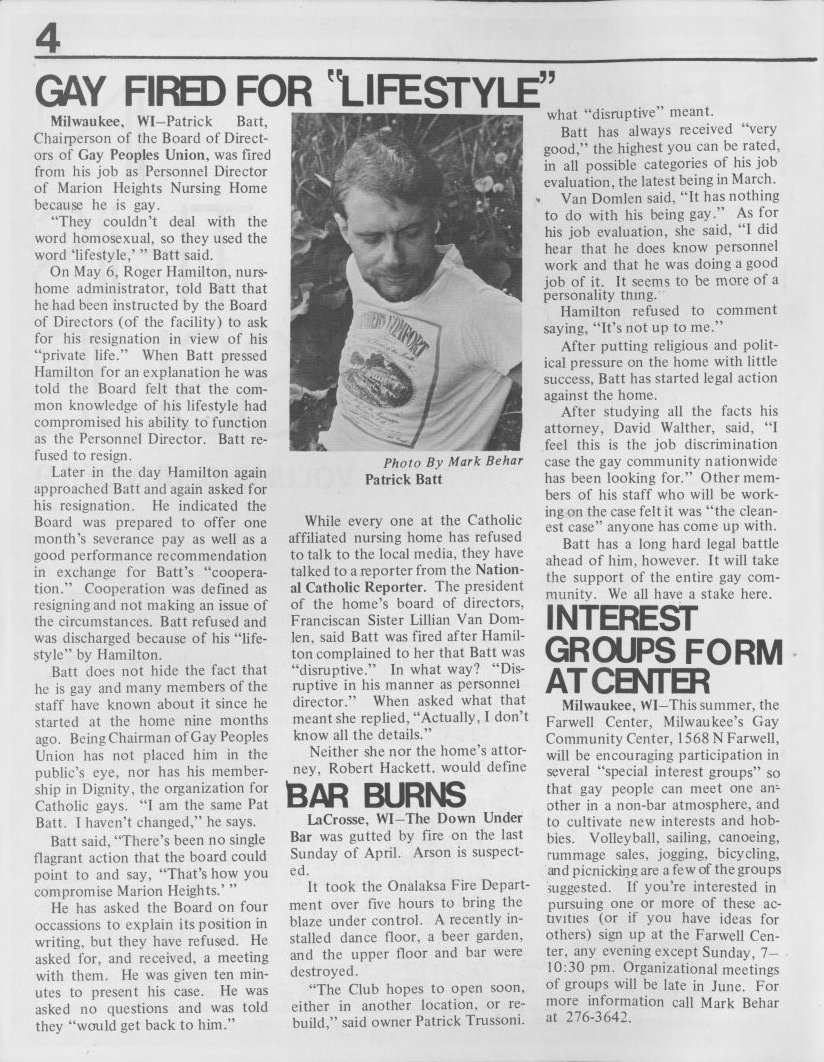 Patrick Batt, chairperson of GPU, / fired on May 6, 1977 because he is gay / (June 1977 issue of / GPU News, vol 6 no. 9) / View Closeup of photo of Patrick Batt /