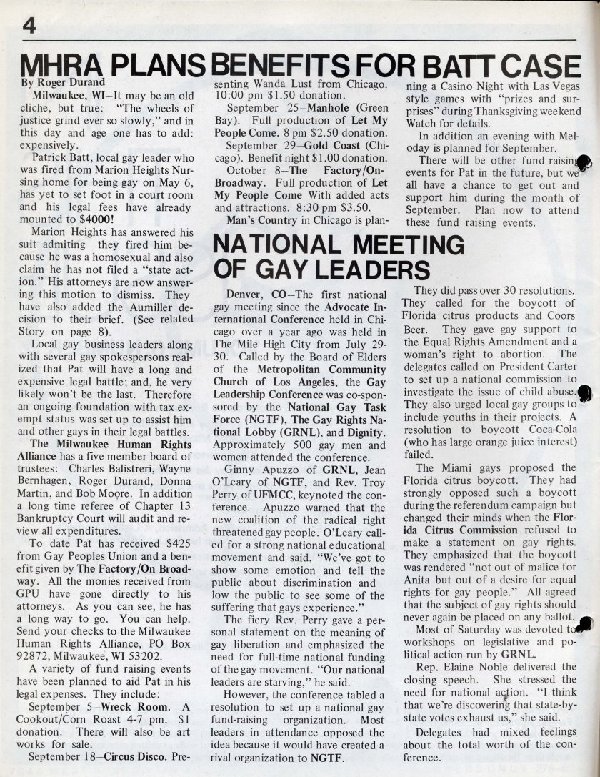 Milw. Human Rights Alliance (MHRA) / formed to handle Batt discrimination case; / benefits planned / (September 1977 issue of / GPU News, vol 6 no. 12) /