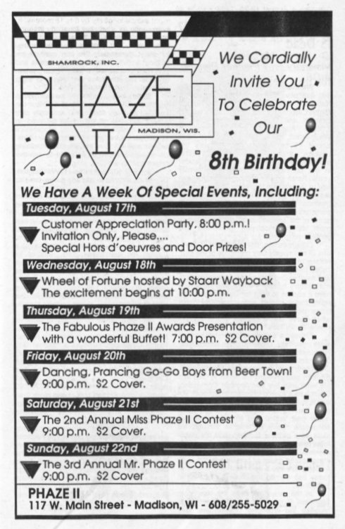 Phaze II anniversary advertisement, August 1993