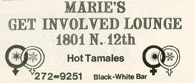 Advertisement for the bar as Marie's Get Involved Lounge, December 1971.