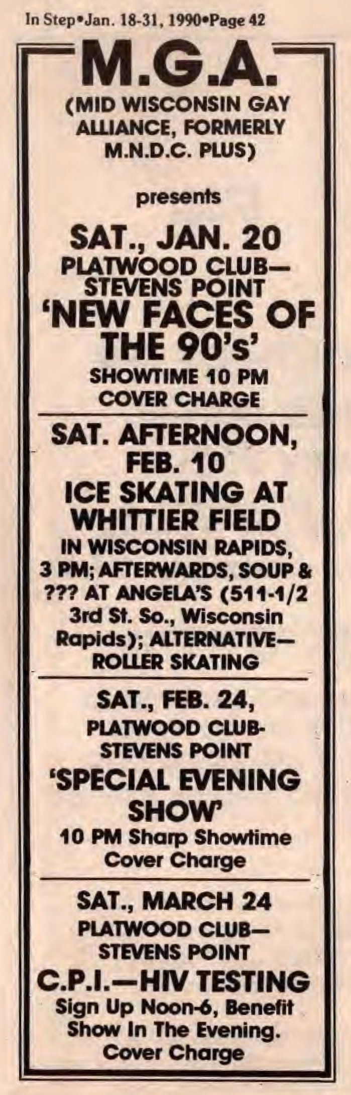 Advertisement for Mid-Wisconsin Gay Alliance events at the club, 1990