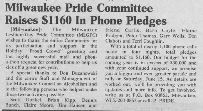 Pride Committee phone fundraising / Dennis Bunch mentioned / (Wis Light vol 4-04, February 1991) /