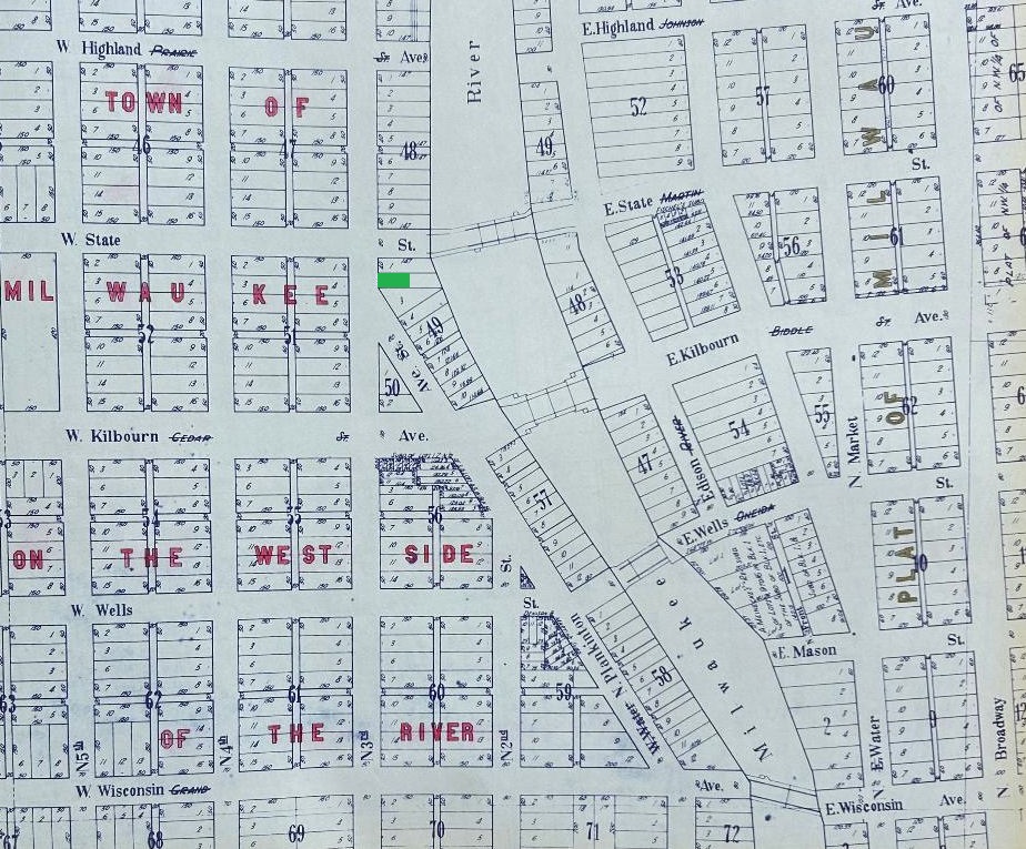 1955 city atlas showing the site, highlighted in green.