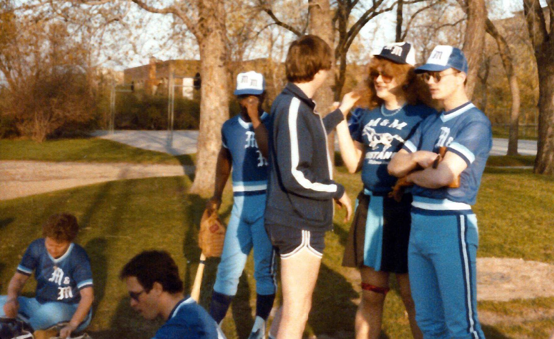 Golfers goofing around: L to R: / Steve Ameson; Phil Parks; Ron Thate; / and kneeling Dick Krekowski / (date, location unknown) / /