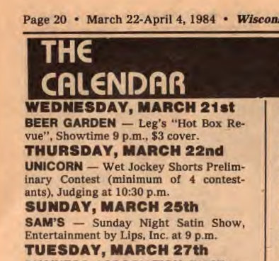 Calendar listing for Sam's "Sunday Night Satin Show," March 1984