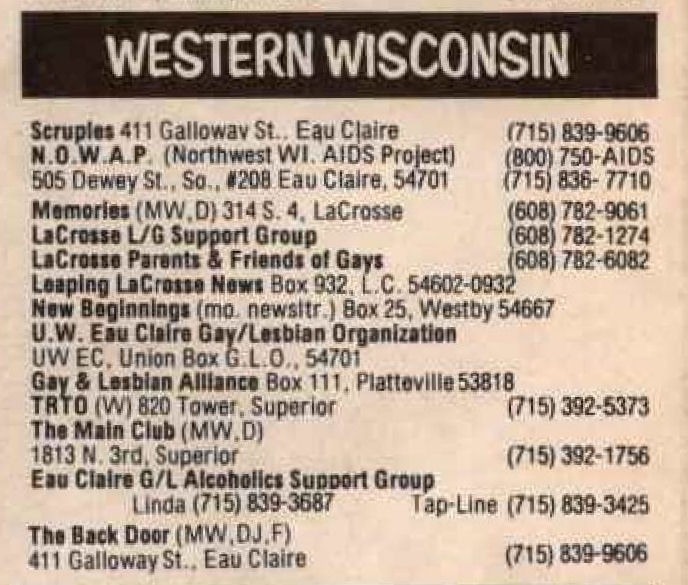 Earliest listings in In Step's Guide included the new Scruples listing at top, but with the hold-over Back Door listing still shown at the end of the section / (In Step vol. 9 #19 - Sept. 1992) / /