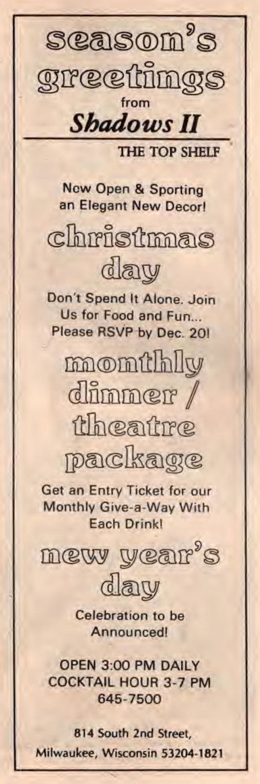 Season's Greetings advertisement, December 1987.