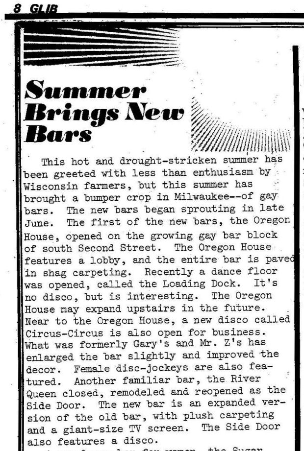 Bar guide description of the Sidedoor, August 1976.