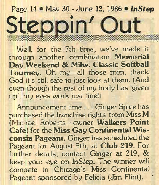 Article: Ginger purchases / franchise rights for / Miss Gay Continental Wis. Pageant / (In Step vol. 3-10 May 1986) / /