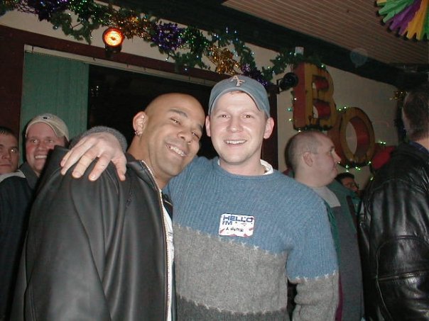 Inside the bar, with the well-known 'BOY' sign.