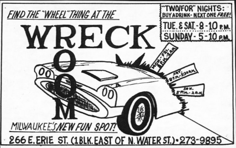 Early advertisement, 1972, depicting the car front mounted inside the bar.
